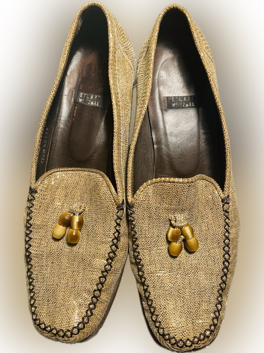 Stuart Weitzman McCool Textured Heeled Loafers Tassel Vintage 9 Brown